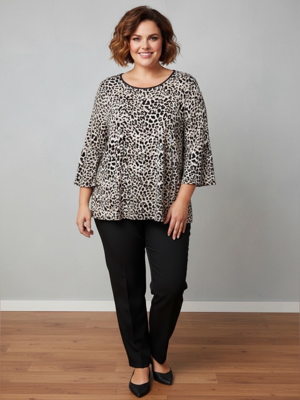 Calvin Klein Leopard Print Scoop Neck Blouse with Flared Sleeves Size 3X